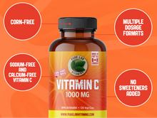 Load image into Gallery viewer, Vitamin C supplement bottle with features on an orange background