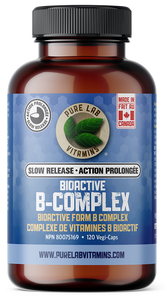 Brown supplement bottle labeled 'Bioactive B-Complex' with blue label on a white background