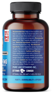 Brown supplement bottle with blue label on a black background