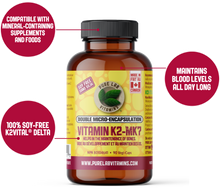 Load image into Gallery viewer, Vitamin K2-MK7 supplement bottle with text highlighting features on a white background