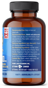 Brown supplement bottle with blue label on a black background
